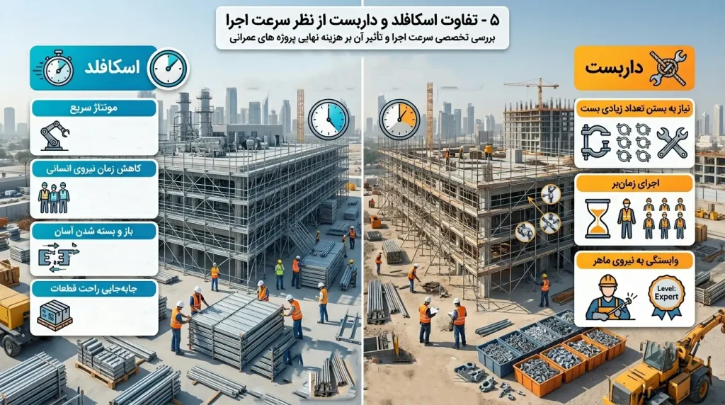 تفاوت اسکافلد و داربست؛ کدام سیستم برای پروژههای ساختمانی بهتر است؟ تفاوت اسکافلد و داربست از جهت سرعت اجرا