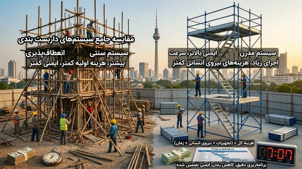 تفاوت اسکافلد و داربست؛ کدام سیستم برای پروژههای ساختمانی بهتر است؟ تفاوت اسکافلد و داربست از نظر قیمت