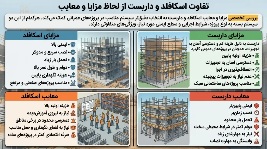 تفاوت اسکافلد و داربست؛ کدام سیستم برای پروژههای ساختمانی بهتر است؟ تفاوت اسکافلد و داربست از نظر مزایا و معایب