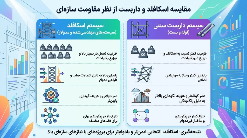 تفاوت اسکافلد و داربست؛ کدام سیستم برای پروژههای ساختمانی بهتر است؟ تفاوت اسکافلد و داربست از نظر مقاومت