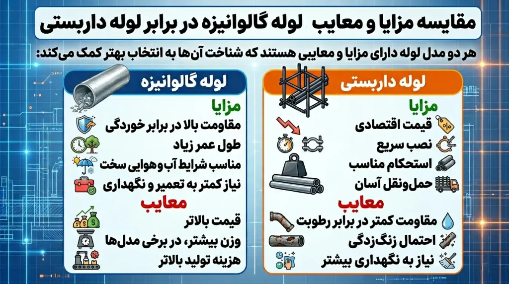 مقایسه لوله گالوانیزه و لوله داربستی از نظر مزایا و معایب