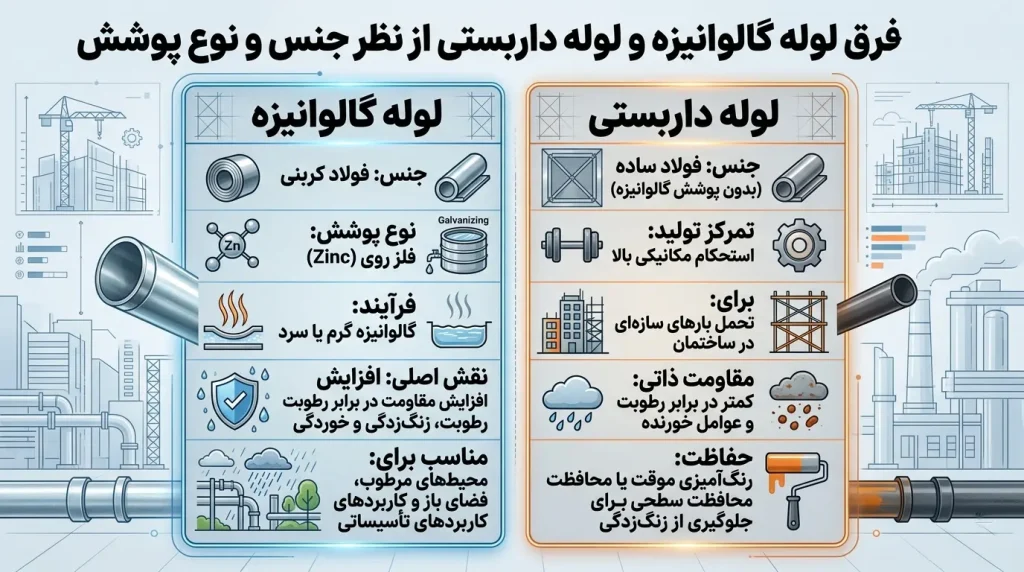 تفاوت لوله گالوانیزه و لوله داربستی از نظر پوشش