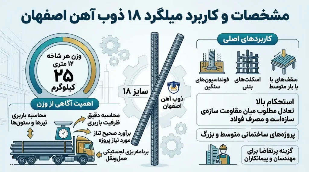 وزن میلگرد ۱۸ ذوب آهن اصفهان